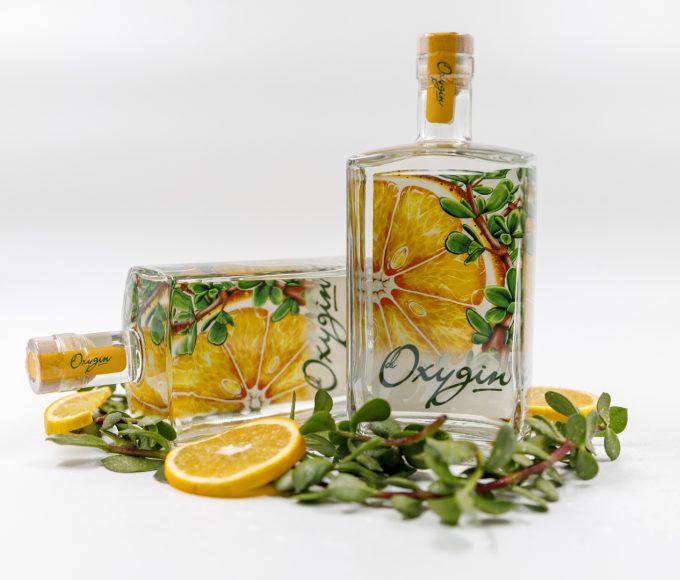 bottle of gin with lemon and mint