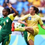  Jessica Samuelsson of Sweden is challenged by Amanda Dlamini of South Africa during the Olympic Women’s Football match between Sweden and South Africa during the at Olympic Stadium on August 3, 2016 in Rio de Janeiro, Brazil. Credit: Getty Images