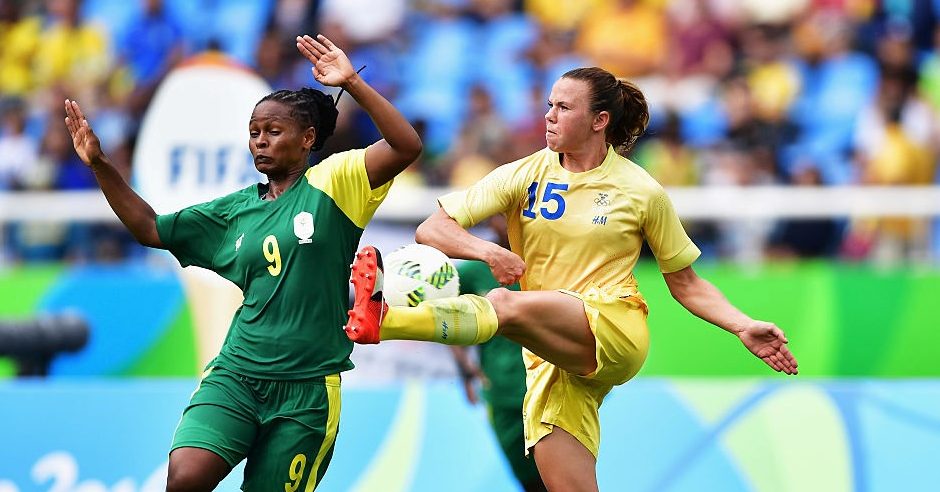  Jessica Samuelsson of Sweden is challenged by Amanda Dlamini of South Africa during the Olympic Women’s Football match between Sweden and South Africa during the at Olympic Stadium on August 3, 2016 in Rio de Janeiro, Brazil. Credit: Getty Images
