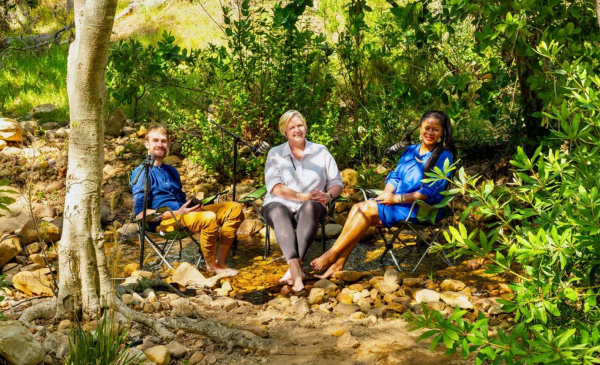 Dan Corder, host of Green Noise - streaming content in the cool waters at CapeNature’s Assegaaibosch Nature Reserve in Stellenbosch - with Julia Louw (Head of Leisure Tourism at Wesgro) and Itumeleng Pooe (Managing Director of Afri-Centric Luxury Travel).