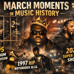 Key moments in March music history, from Tupac’s chart-topping album to Biggie’s legacy and Kendrick Lamar’s record Super Bowl show.