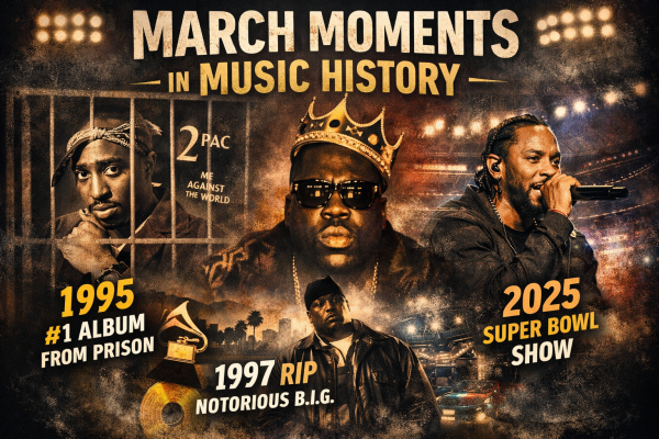 Key moments in March music history, from Tupac’s chart-topping album to Biggie’s legacy and Kendrick Lamar’s record Super Bowl show.