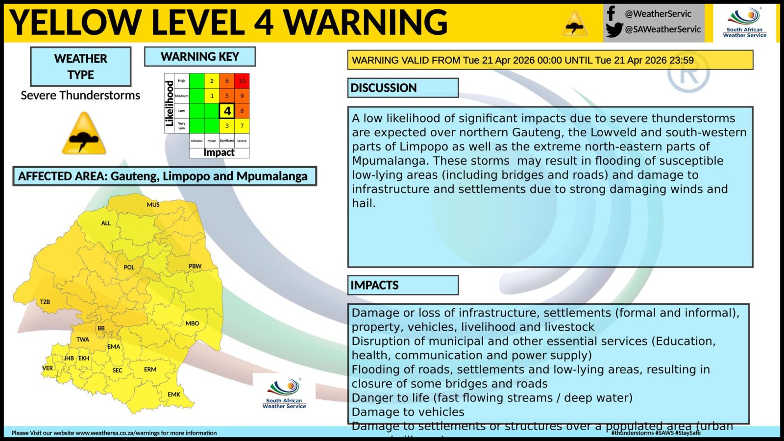 Weather warning for Gauteng, Limpopo and Mpumalanga. Severe thunderstorms, heavy rain and flooding risks today.