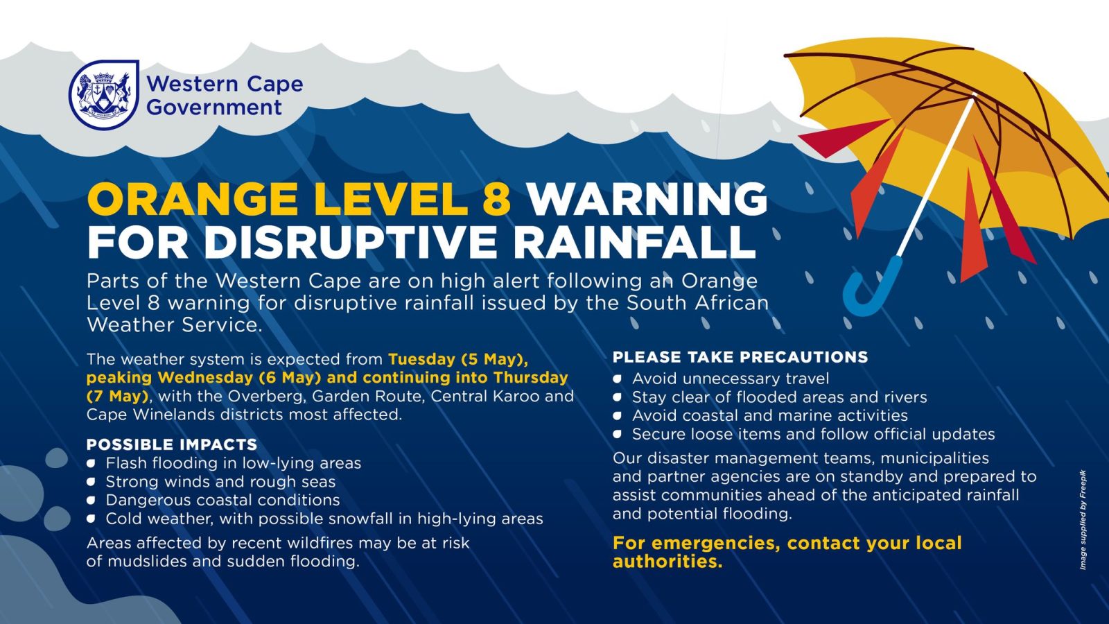SAWS has issued severe weather warnings for Cape Town and the Western Cape as heavy rain, flooding and damaging winds move into the region.