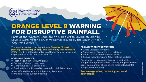 SAWS has issued severe weather warnings for Cape Town and the Western Cape as heavy rain, flooding and damaging winds move into the region.