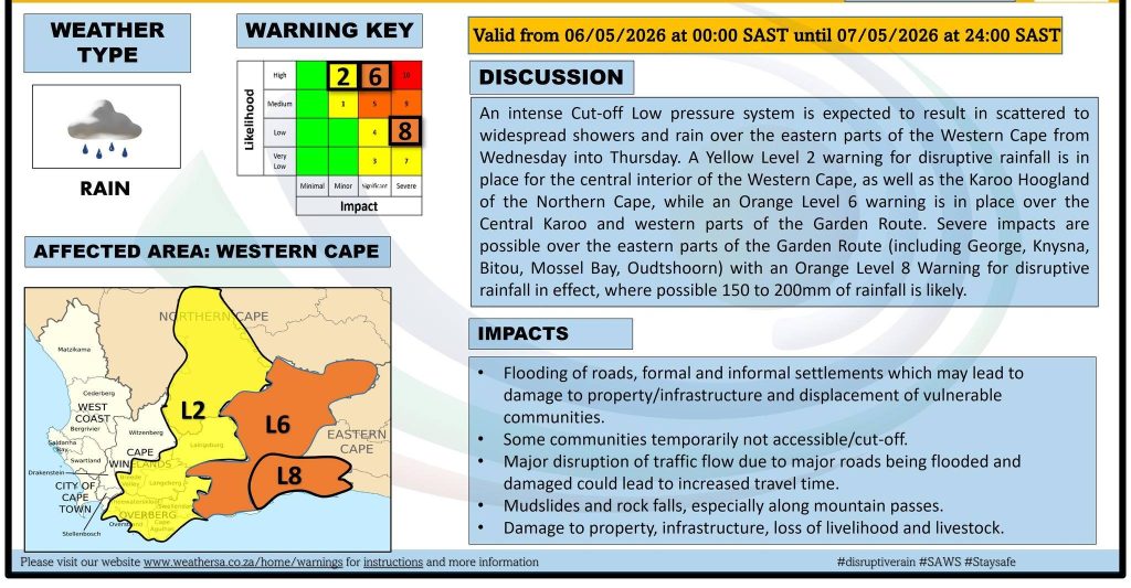 SAWS issues Level 8 weather warning for heavy rain, flooding and snow across SA. Here is what to expect today.