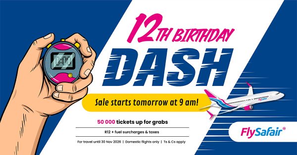 FlySafair’s Birthday Sale returns with 50 000 seats from R12. Here is how to book and what to expect on 6 May 2026.