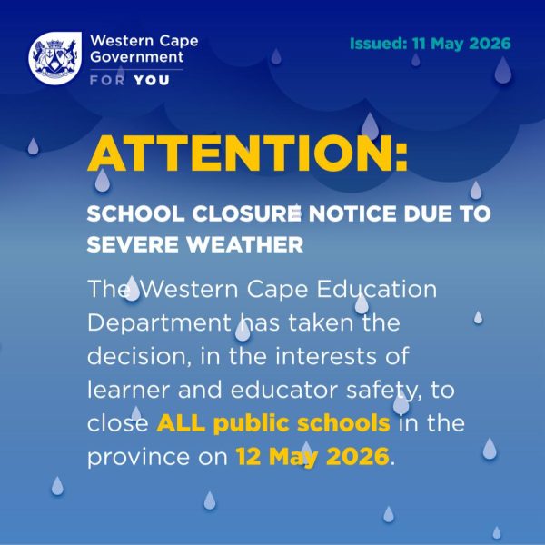 All schools across the Western Cape will close on Tuesday, 12 May 2026, as severe weather conditions continue across the province.