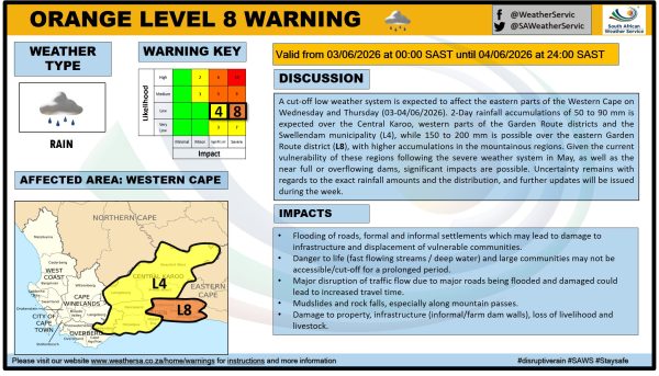 SAWS has issued an Orange Level 8 warning for flooding, mudslides and dangerous weather as a severe cut-off low hits parts of South Africa this week.