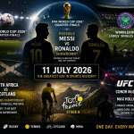 Messi, Ronaldo, Springboks, Wimbledon and UFC featured in a sports collage for 11 July 2026