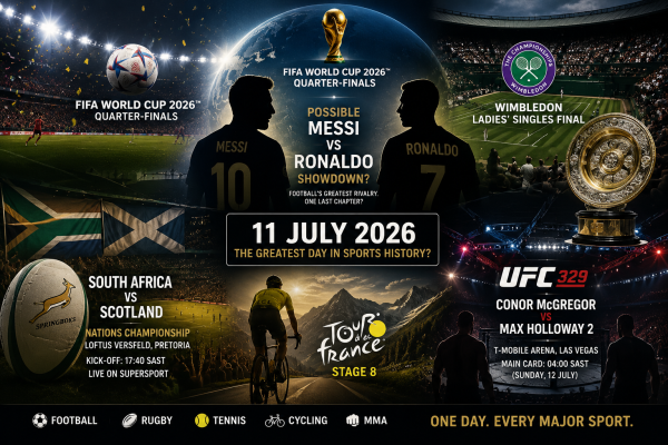 Messi, Ronaldo, Springboks, Wimbledon and UFC featured in a sports collage for 11 July 2026