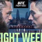 UFC fighters competing inside the Octagon during a UFC Fight Night event.