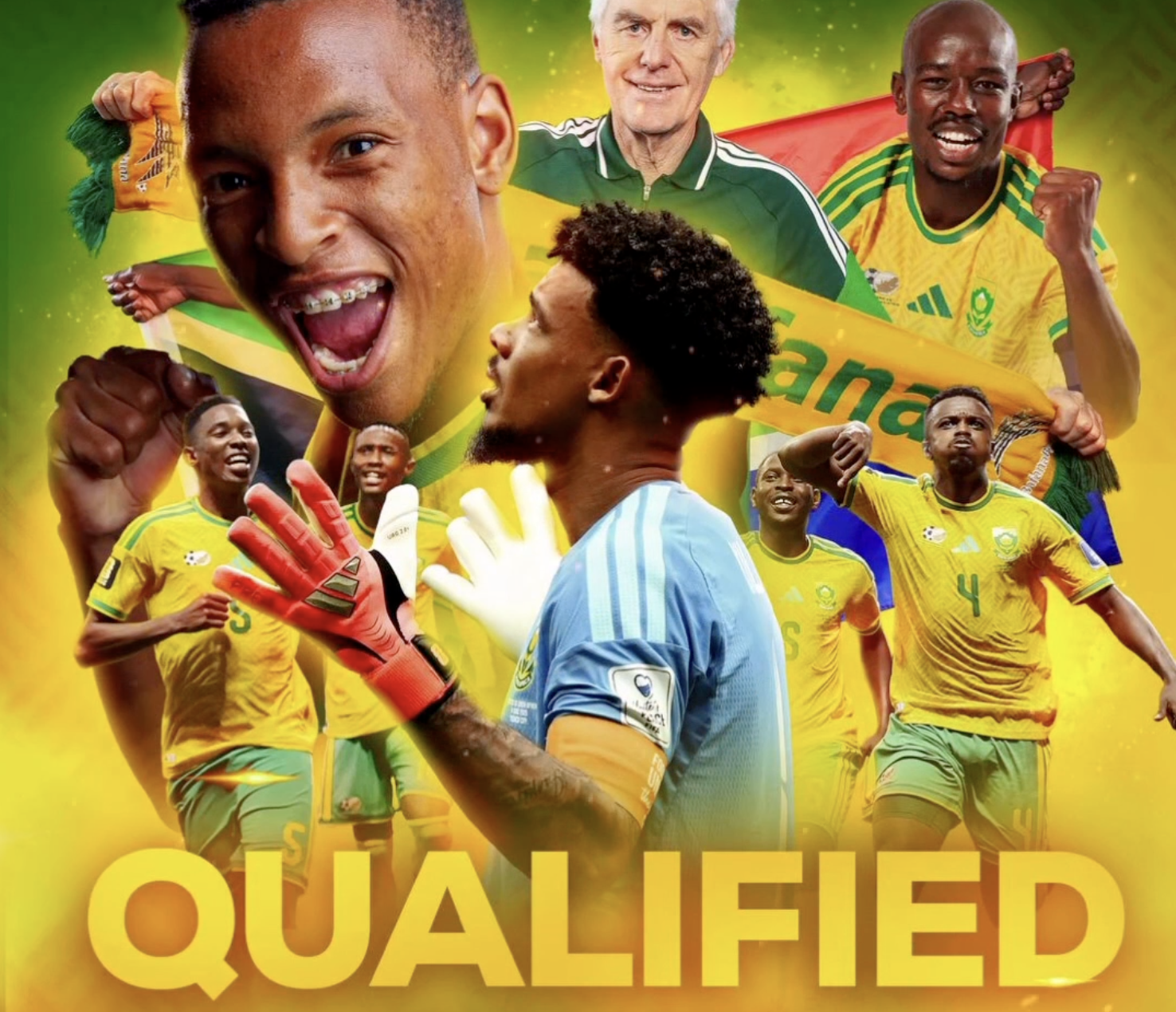 Bafana Bafana celebrate after qualifying for the FIFA World Cup Round of 32 for the first time.