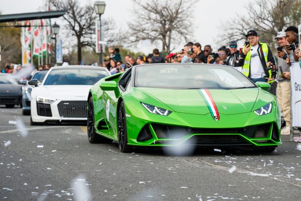 Supercars lined up at Kyalami Grand Prix Circuit for the Supercar Rhino Run charity event.
