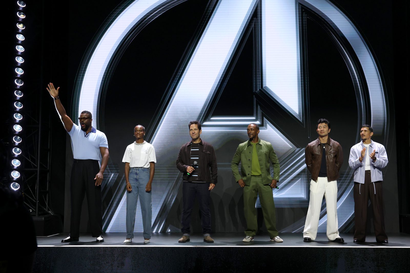 Kevin Feige and Marvel Studios cast members during the Hall H presentation at San Diego Comic-Con.