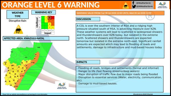 Heavy rain over KwaZulu-Natal as SAWS issues an Orange Level 6 weather warning.