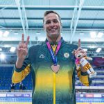 Chad le Clos celebrating after winning his record-breaking 21st Commonwealth Games medal in Glasgow.