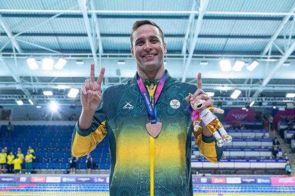 Chad le Clos celebrating after winning his record-breaking 21st Commonwealth Games medal in Glasgow.