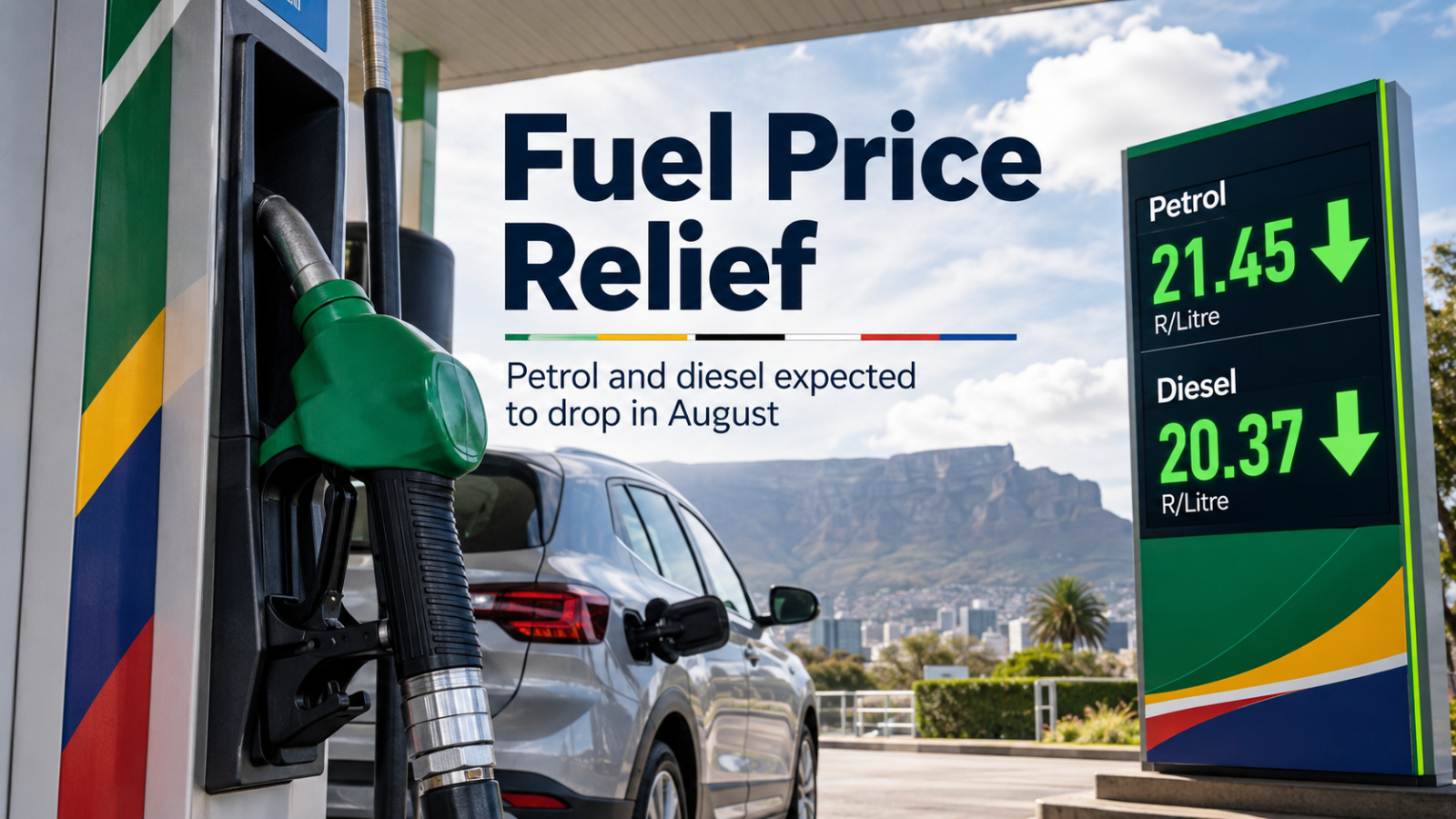 Fuel pump at a South African petrol station with a price board showing petrol and diesel decreases.