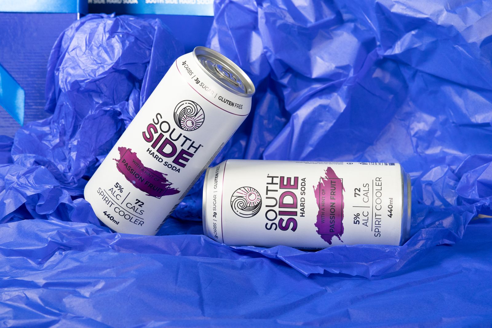 Assorted South Side Hard Soda flavours displayed in cans during an Inbound SA review.