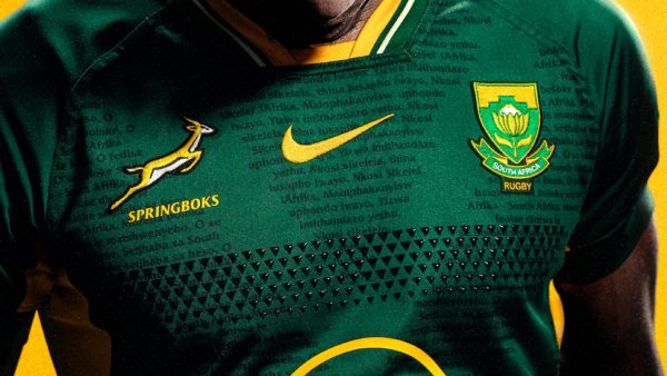 Springboks Nike jersey featuring national anthem lyrics in the shape of the South African flag