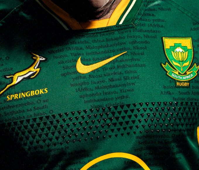 Springboks Nike jersey featuring national anthem lyrics in the shape of the South African flag