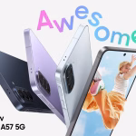 Samsung Galaxy A57 5G smartphone showing its display and rear cameras