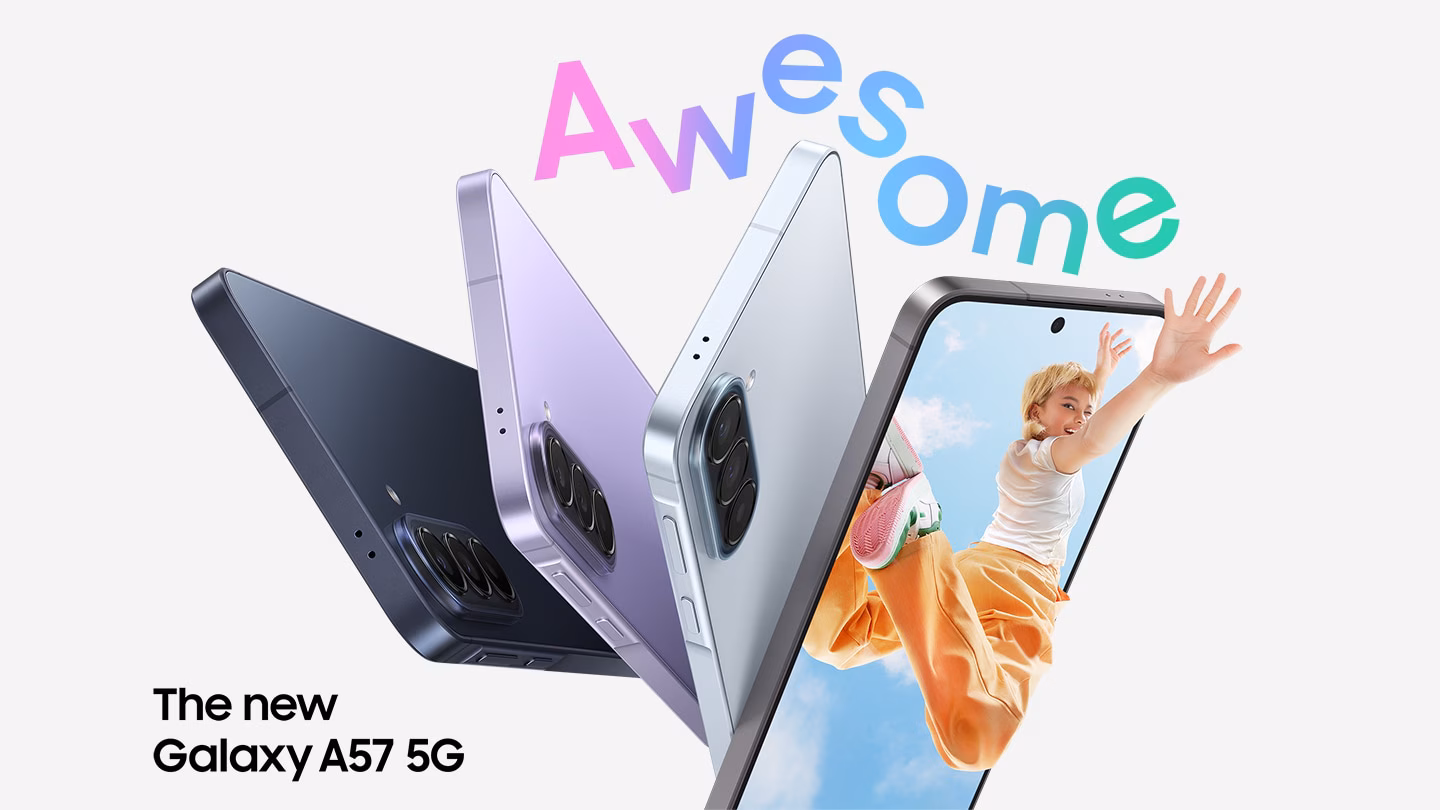 Samsung Galaxy A57 5G smartphone showing its display and rear cameras