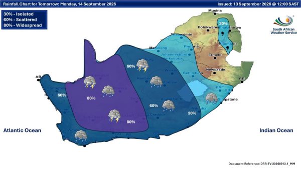 Severe weather conditions as SAWS issues rain, thunderstorm and damaging wind warnings across South Africa